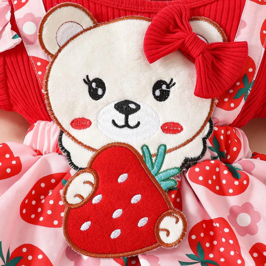 Summer 2026 Strawberry Bear Ribbed Triangle Romper with Faux Straps