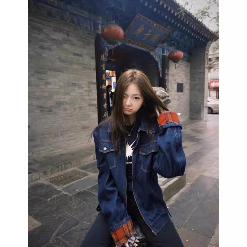 

Women s Retro Plaid Patchwork Denim Jacket - New 2025 Spring/Autumn Casual Short Design Medium синій