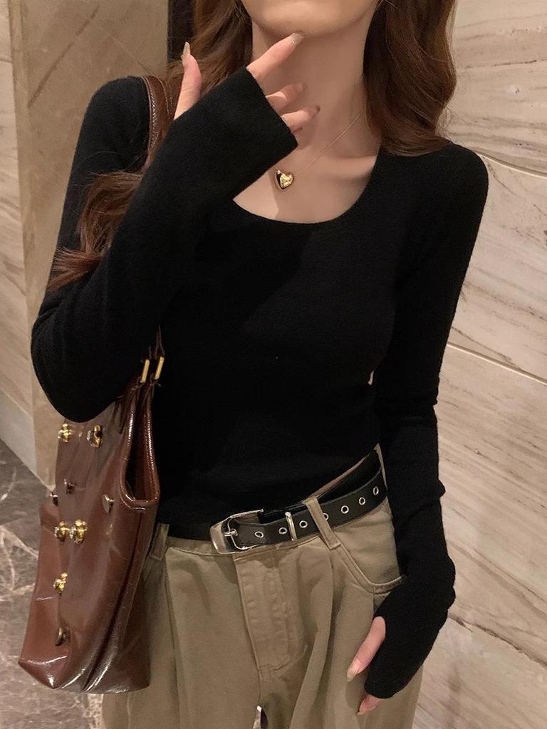 2025 Women's Slim Fit Long Sleeve Knitwear: Square Neck Base Layer for Autumn/Winter