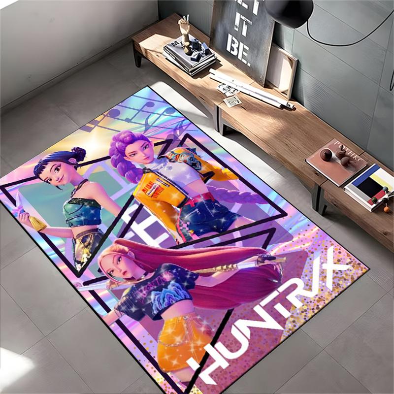 Anime Kunst Teppich, Virtuelle Girlgroup Huntrix K Pop Holografisch Bunter Druck, Teenager Mädchen Zimmer Deko, Rutschfeste Matte