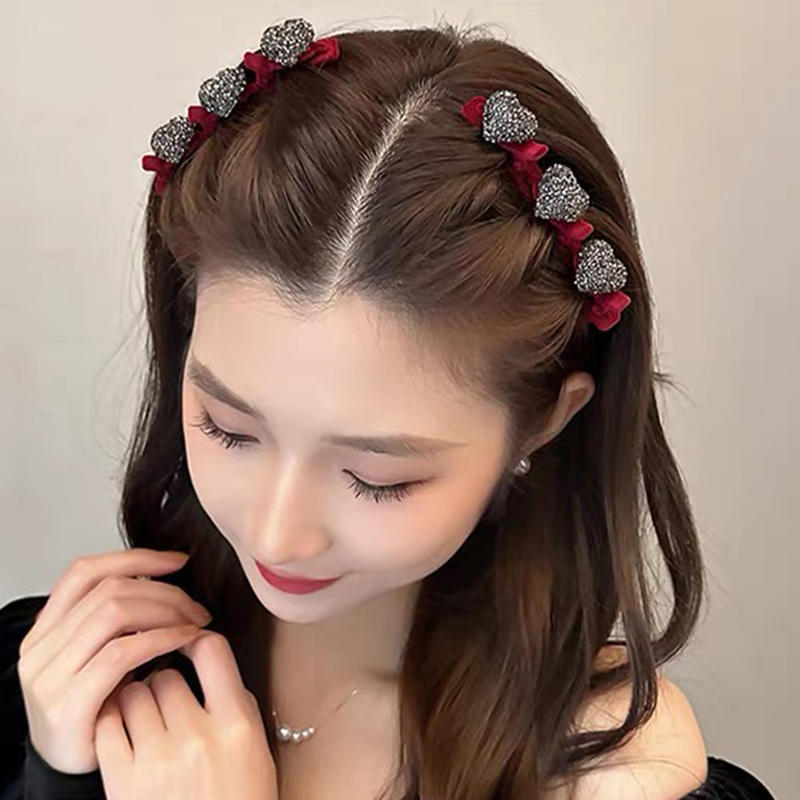 Double Layer Flocked Bangs Side Clip Crystal Love Heart Hair Braiding Hairpins Women Girls Clip Bangs Barrettes Hair Accessories Forehead Bangs Clip