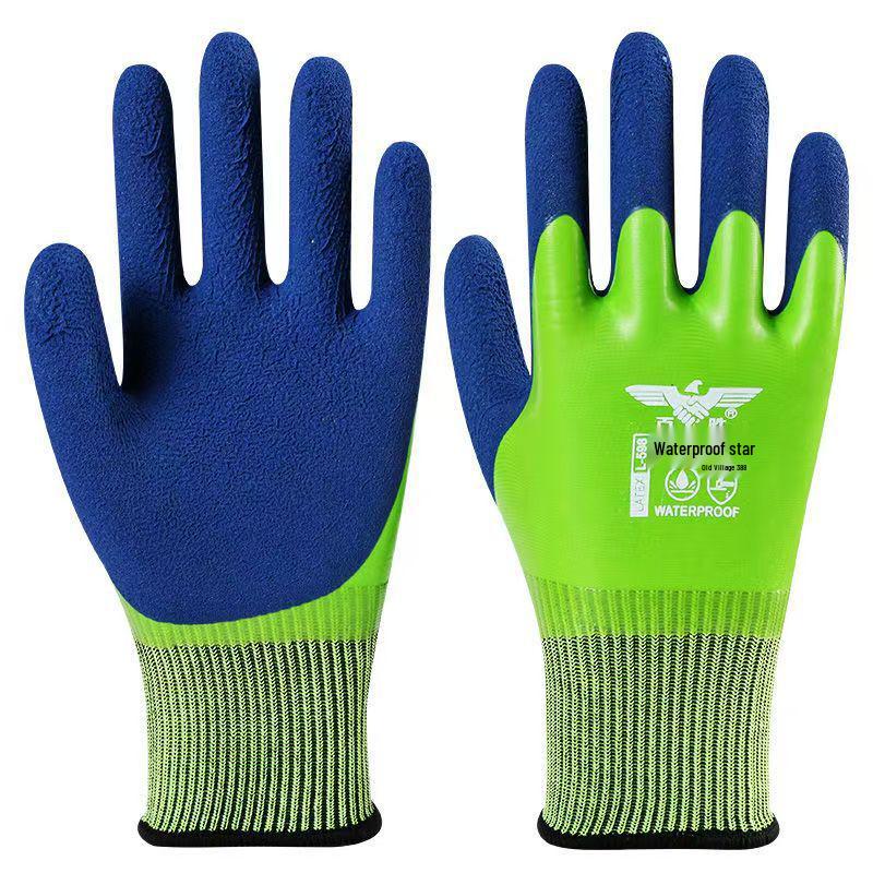 Miyoshi Double-Dipped Waterproof Latex Work Gloves, Wear-Resistant & Anti-Slip for Construction