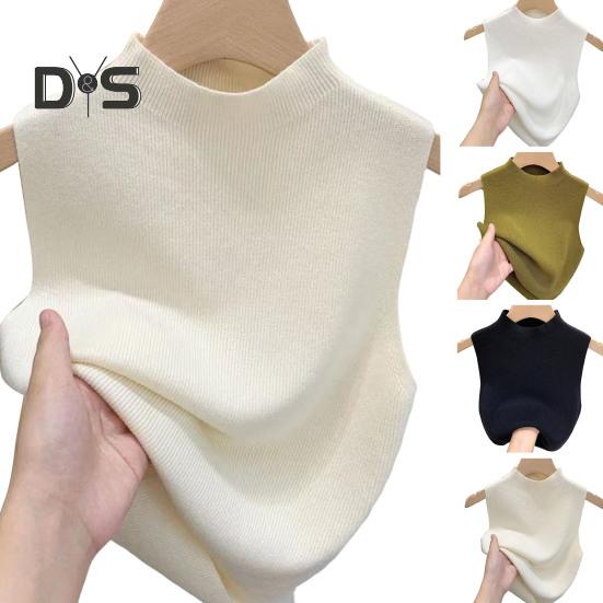 Women Knitted Vest Tops Slim Fit Half-High Collar Sleeveless Top Solid Color Stretchy Knit Blouse Daily Wear
