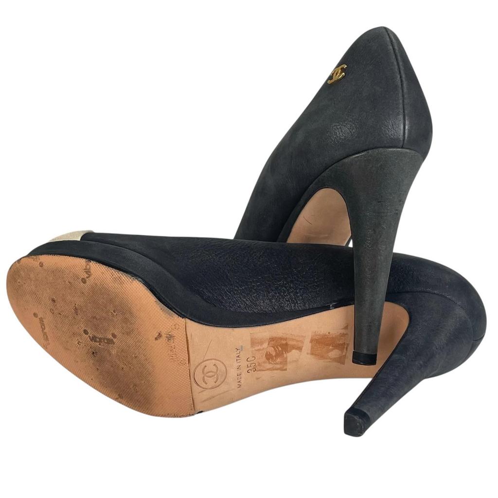 Great CHANEL pumps COCO Mark round toe Black beige leather Women 35 G30389 Used