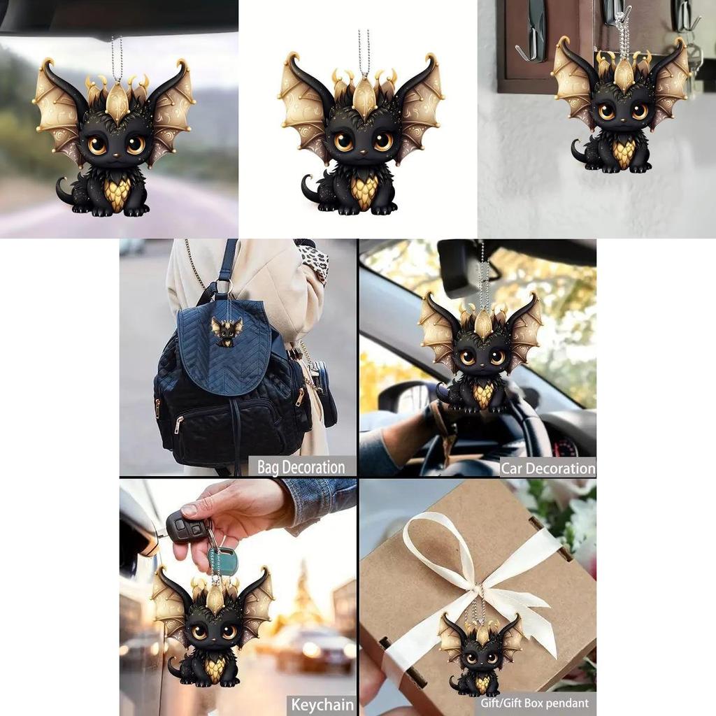 Car Decor Acrylic Flat Surface Black Dragon Pendant With Cartoon Style For Vehicle Interior Enhancement