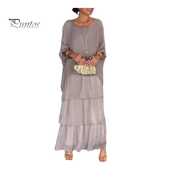 Evenig Dress Layered Scattered Cake Hem Half Sleeves Maxi Dress Bat Sleeves Baggy Round Neck Chiffon Dress for Party Prom
