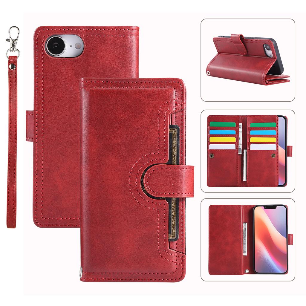 For iPhone 16e Case Split Leather Magnetic Wallet Phone Protector with Wrist Strap