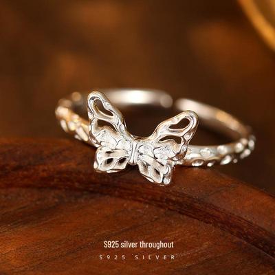 Banyan Tree S925 Silver Butterfly Textured Women's Open Ring - Light Luxury, Unique Design, New Arrival