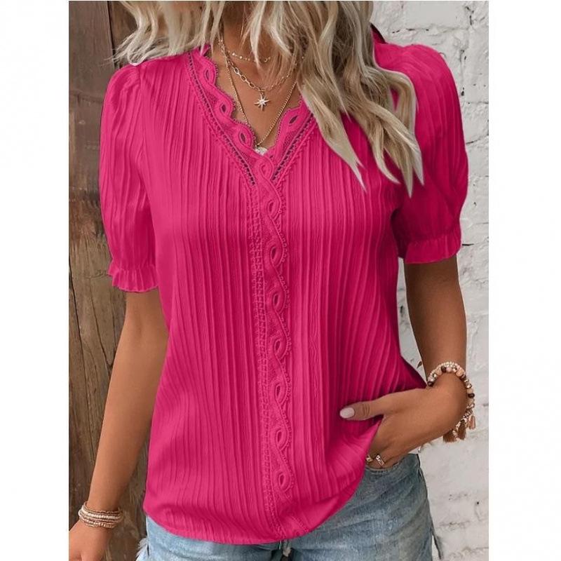 2023 Summer Women's European and American Fashion Hollow Short-Sleeve Shirt