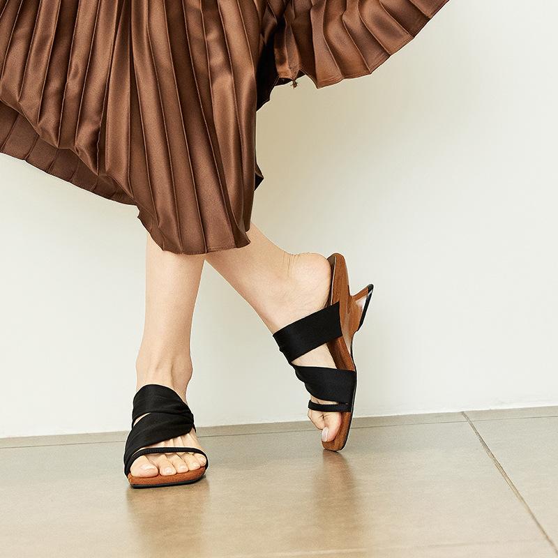 Sheepskin Color Matching Retro Square Head with Wedge Heel Slippers Women's Summer Wear Korean Version Open-toed High-heeled Sandals