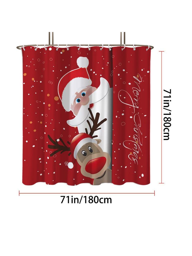 1Pc Santa Claus And Reindeer Print Waterproof Shower Curtain Shower Partition Hanging Curtain Door Curtain With 12 Hooks