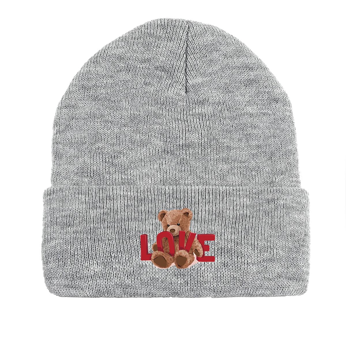 

LOVE Bear Зимняя вязаная шапка Beanie, женская шапка Легкая эластичная спортивная вязаная шапка Gorro Beanie as the picture серый