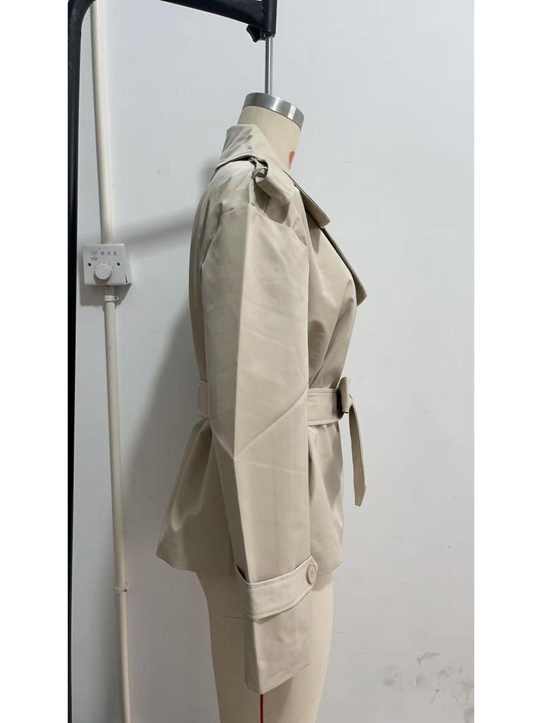 2025 Spring-Autumn Solid Color Belted Short Trench Coat