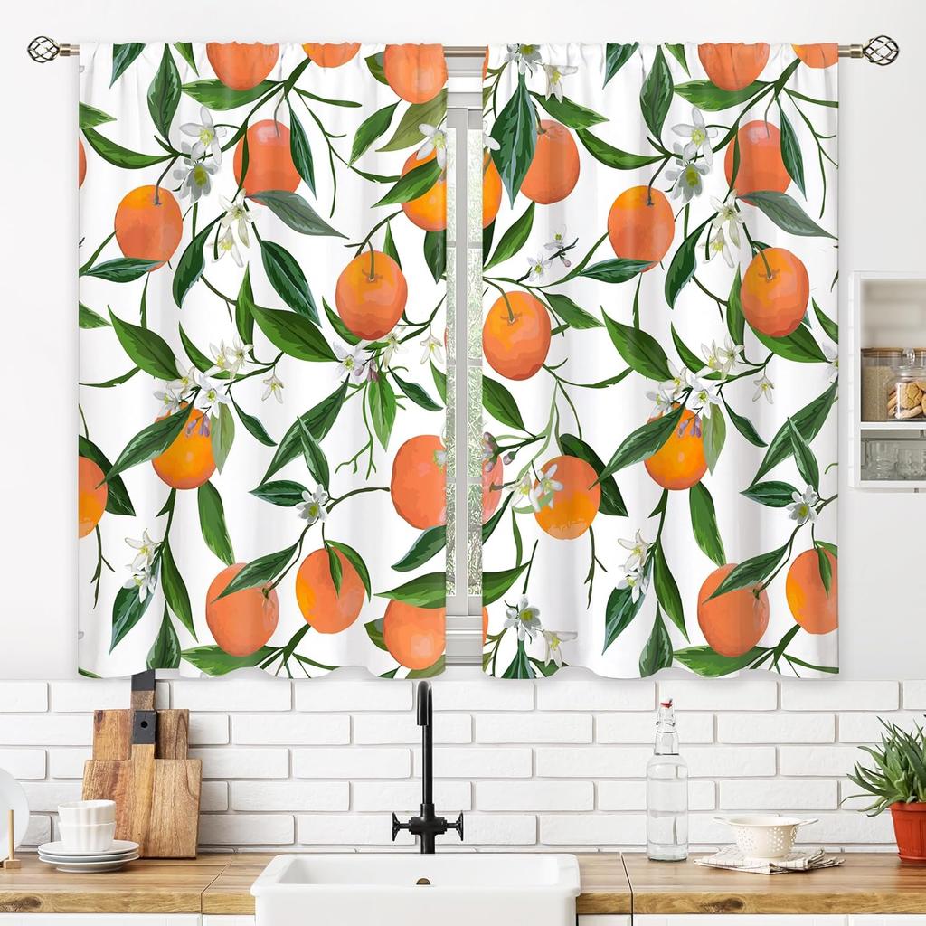 Orange Leaves Small Kitchen Curtains Allover Fruits Citru Window Treatment Leaves Rod Pocket Cafe Short Window Curtains for