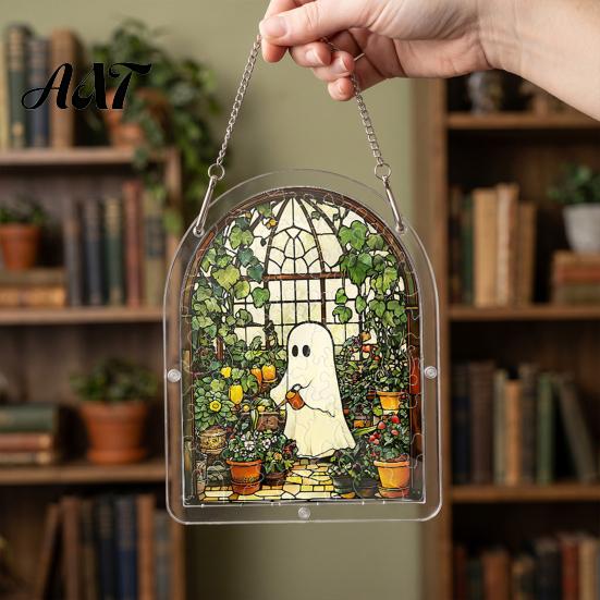 Indoor Outdoor Holiday Decoration Halloween Ghost Acrylic Puzzle Suncatcher, Colorful Window Hanging Ornament, Stained Autumn Harvest Home Decor