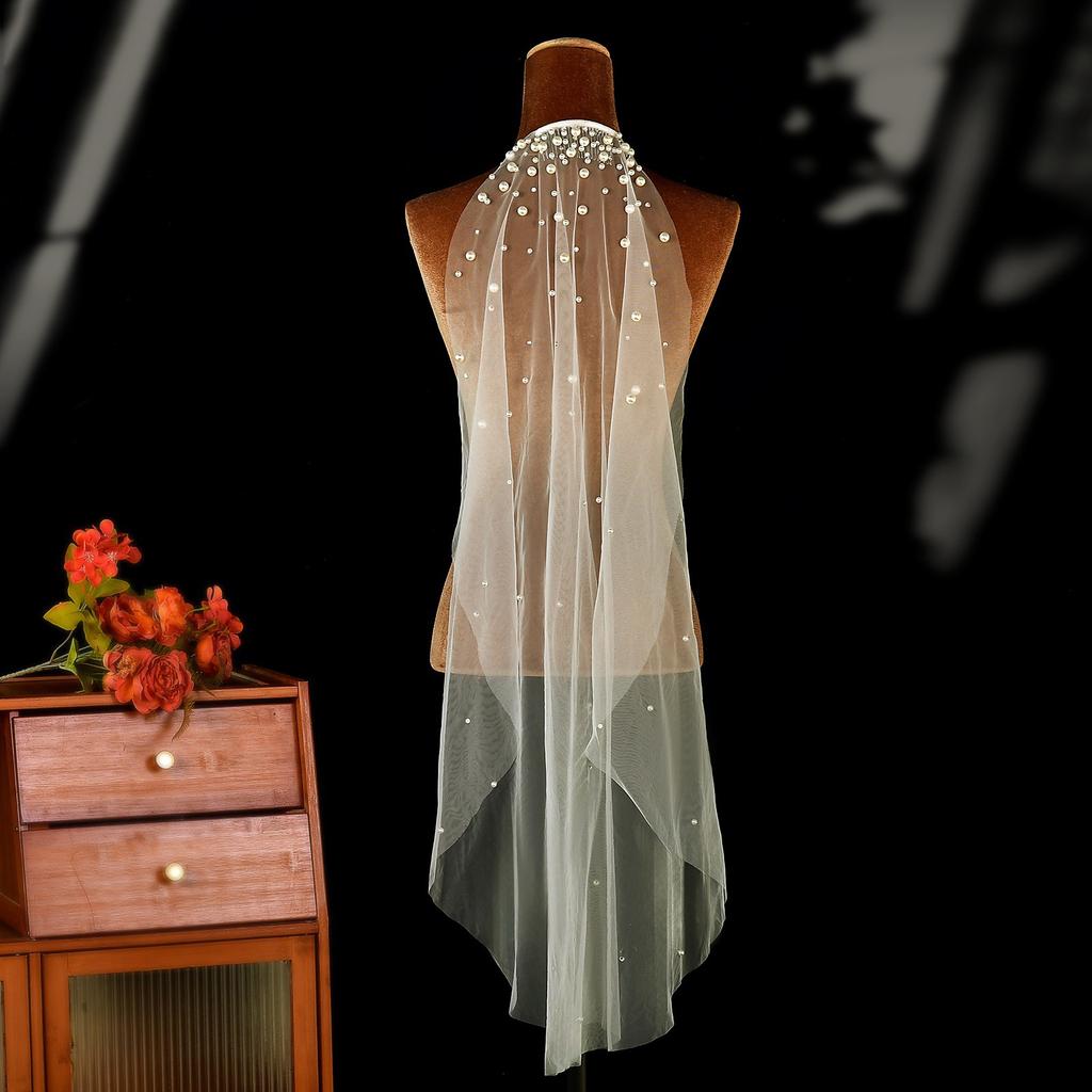 Pearls Crystal Decors Bridal Veils with Hair Comb Seethrough Sheer Single Layer Head Veils for Wedding Event Photography