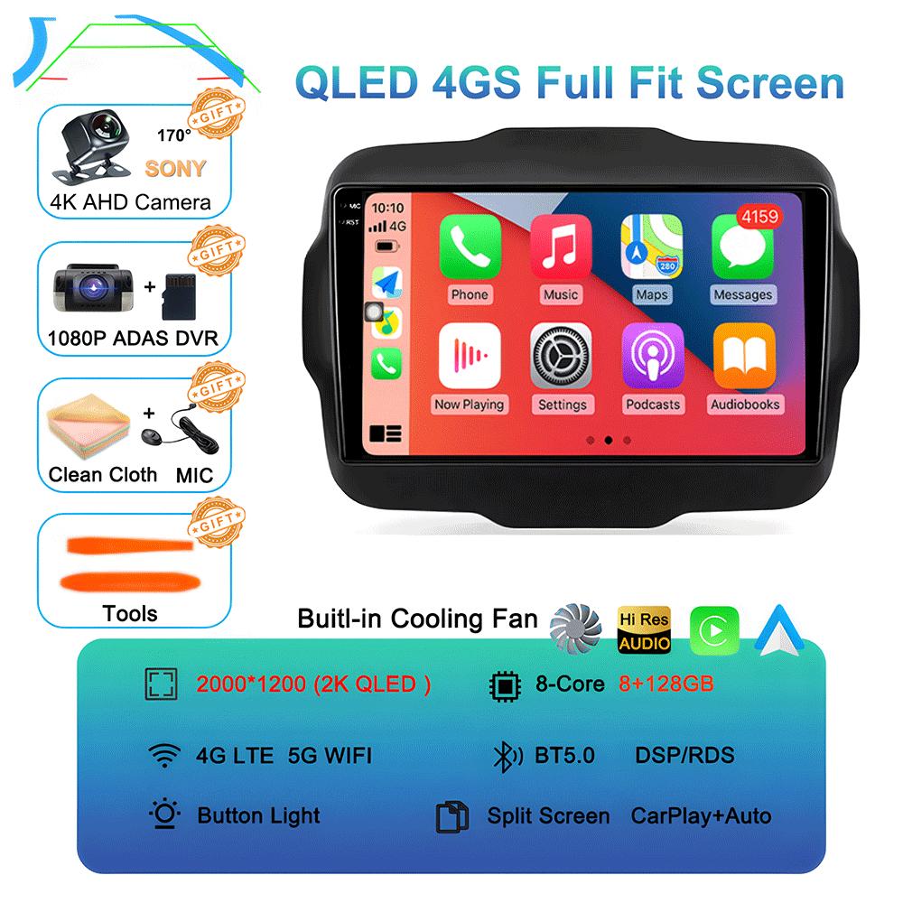 Car Radio Android 14 Carplay For Jeep Renegade 2016 2017 2018 2019 2020 Navigation GPS Multimedia Player Stereo WiF+4G 360Camera
