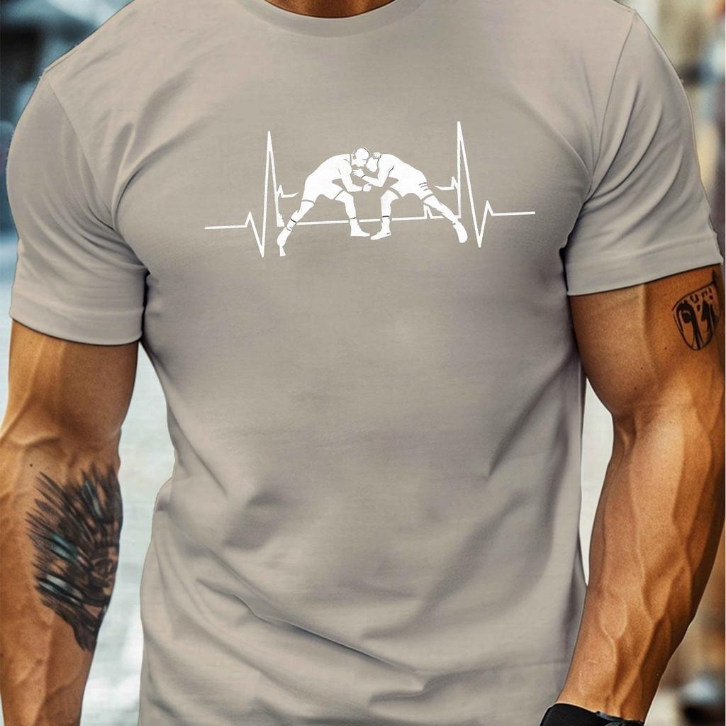 Wrestling Heartbeat Graphic Tee Men Casual Short Sleeve Crew Neck Cotton T Shirt Breathable Sports Shirt