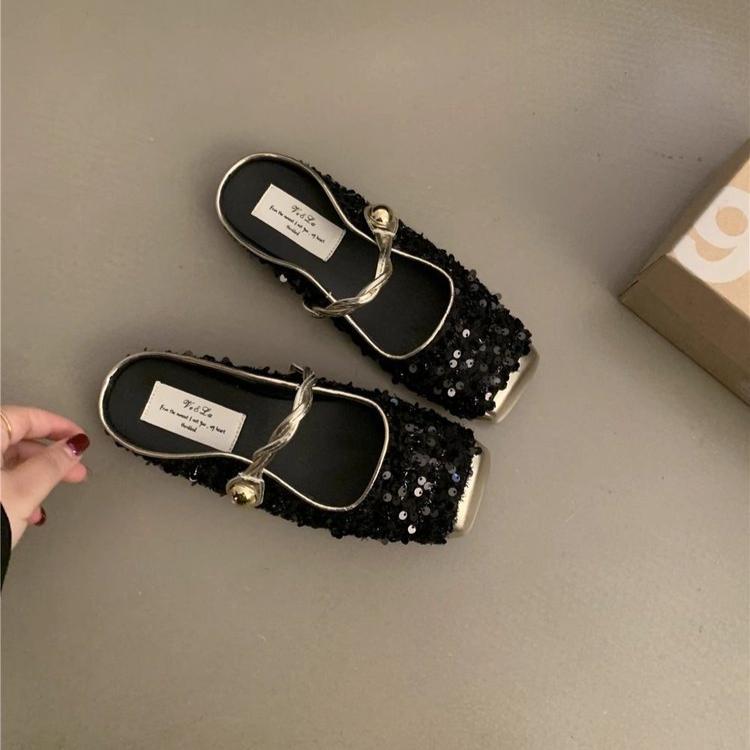 French Sequined Silver Baotou Half Slippers Spring and Summer Small Fragrance Temperament Mary Jane Single Shoes Flat Muller Shoes