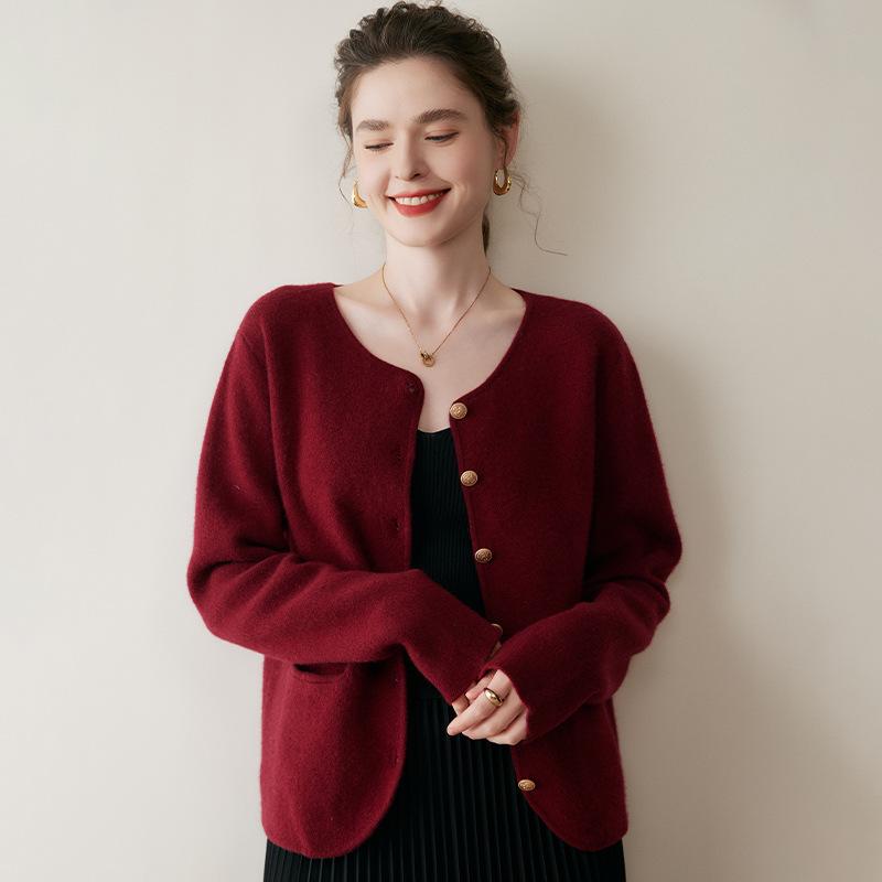 Round Neck Cashmere Cardigan for Women - Autumn/Winter Thick Knit Sweater Coat.