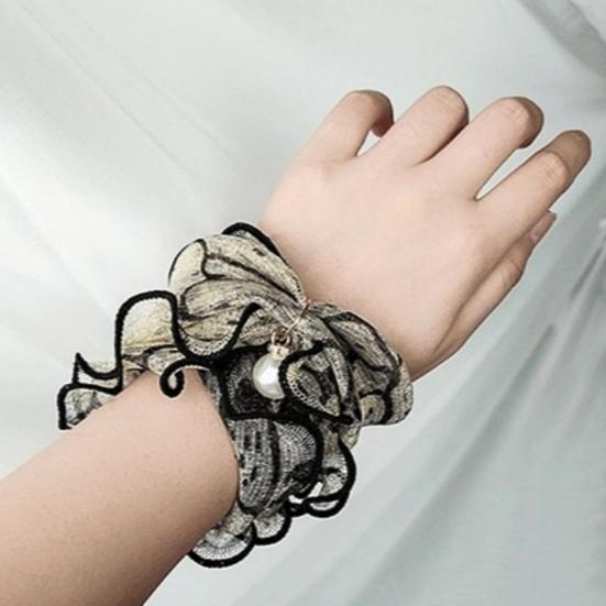 Women Faux Pearl Ruffled Square Scarf Fashion Multi-use Lace Hair Band Gift