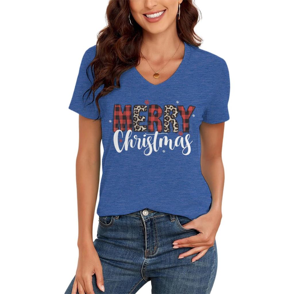 Merry Christmas Leopard Plaid Print Women Tshirts Xmas Holidays Short Sleeve Vneck Tee Christmas Letter Classic Style Tshirts