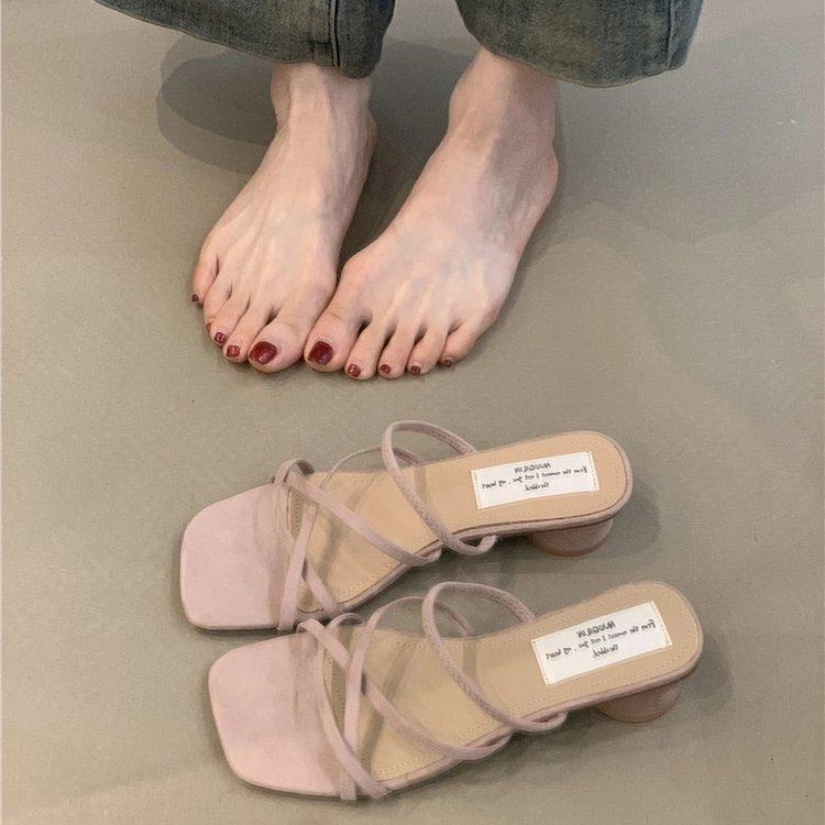 Soft Leather Version~ French Gentle Thick-heeled Sandals Female Evening Breeze with Skirt Open-toed Fairy Square Head with Cool Slippers