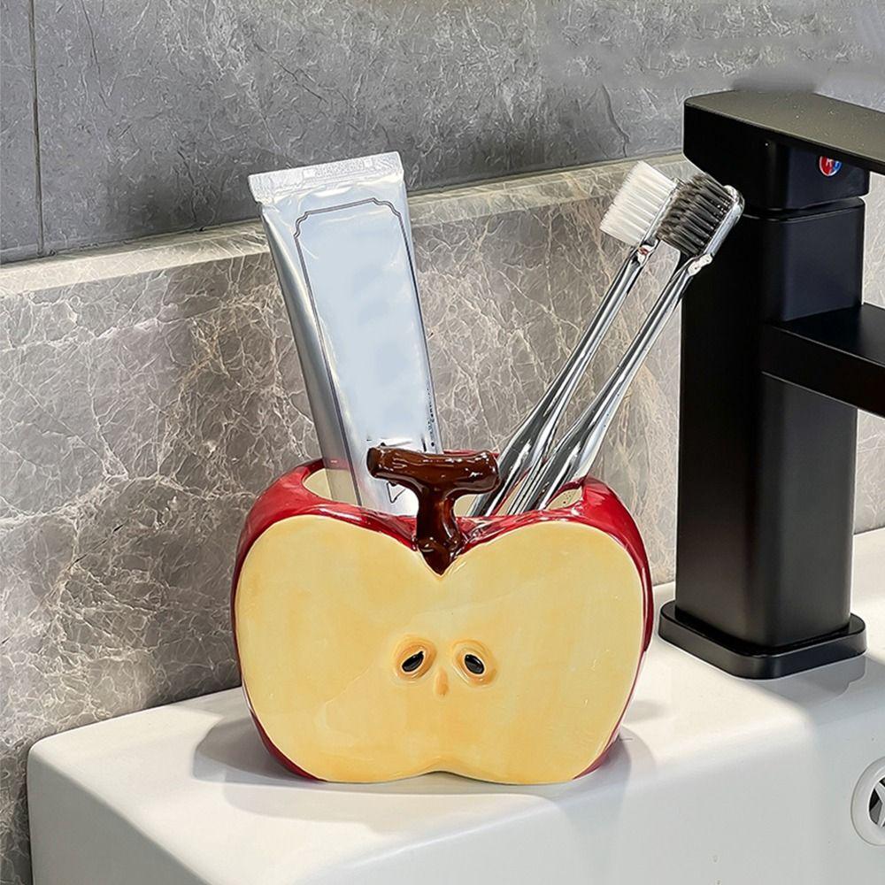 Creative Ceramic Toothbrush Holder Waterproof Non Slip Makeup Brush Storage Half Fruit Space-Saving Toothpaste Storage Rack