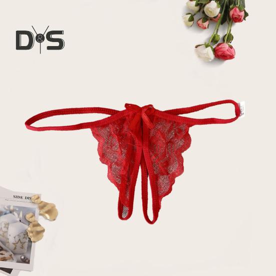Women Panties Lace Open Crotch See through Bow knot Decor Solid Color Thongs G string Lady Low Waist Thin Intimate Women Underwear