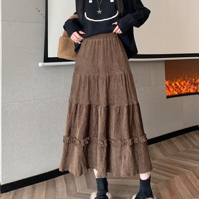 A-Linien-Rock für Damen, süßer Samtrock mit Pilzkanten und Spleißeffekt, neuer mittellanger Aprikosenrock mit hoher Taille für den Herbst