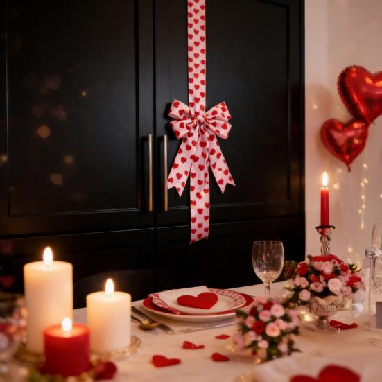 Valentine's Day Decoration Love Heart Bow Hanging Ornament Red Polyester Ribbon for Cabinet Door Wall Festive Home Decor