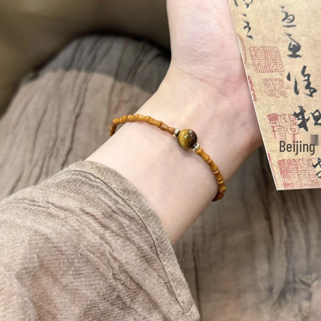 Women s Retro Tiger Eye Stone & Bamboo Olive Beaded Bracelet