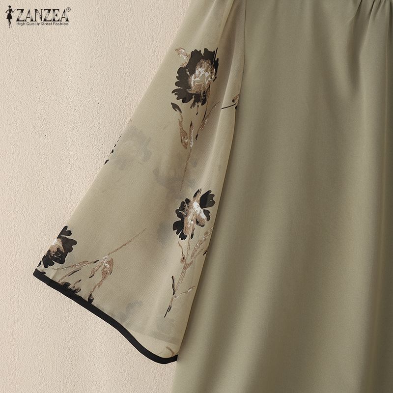 ZANZEA Women Casual Round Neck Loose Splice Half Sleeve Blouse