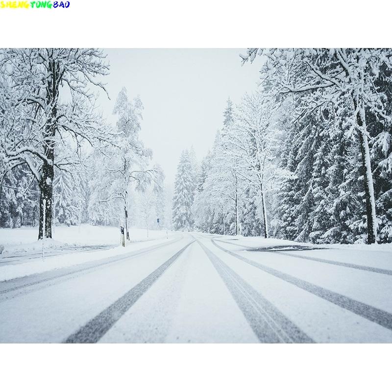 Winter Forest Snowcovered Road Photography Backdrops Blurred Landscape Snowflakes Road Spruce Trees Photo Background XD-07