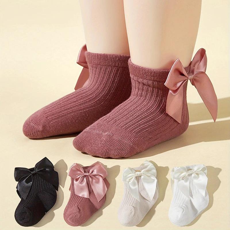 4 Pairs Baby Girl Socks Large Bow Princes Kids Middle Tube Socks Solid Spring Autumn Newborn Toddler Cotton Short Socks