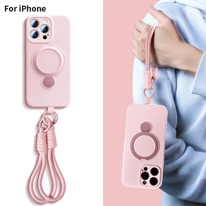 Liquid Silicone Magnetic Phone Case For Magsafe IPhone 13 14 15 16 Pro Max With Hanging Wrist Rope Strap Bracket Protective