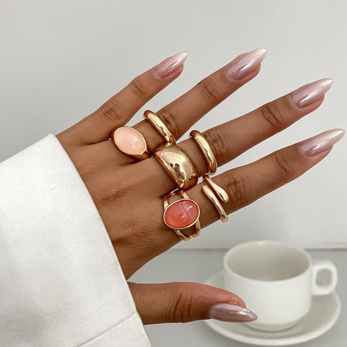 

SHIXIN 6Pcs Vintage Acrylic Open Rings Set for Women Trendy Smooth Surface Curved Chunky Ring Female Jewelry Finger Accessories