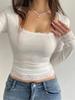 Sexy U-Neck Lace Bow Slim Fit Long Sleeve Y2K T-Shirt for Spring & Autumn