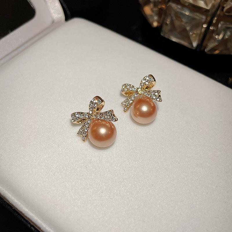 Silver Needle Diamond Bow Pearl Earrings French Light Luxury Premium Earrings Niche Retro Temperament Earrings