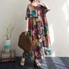 Thin Cotton and Linen Round Neck Short Sleeved Retro Long Skirt for Long Women
