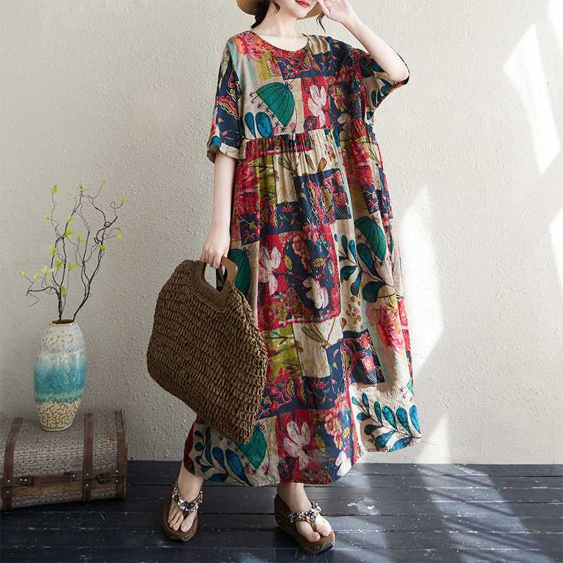 Thin Cotton and Linen Round Neck Short Sleeved Retro Long Skirt for Long Women
