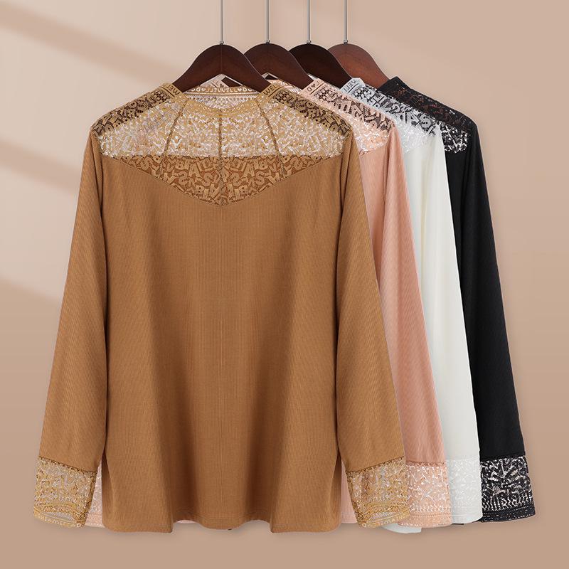 Yanzhiban 2024 Primăvară Top de Bază cu Dantelă Mărimi Mari - Gât Semi-Înalt, Mânecă Lungă.