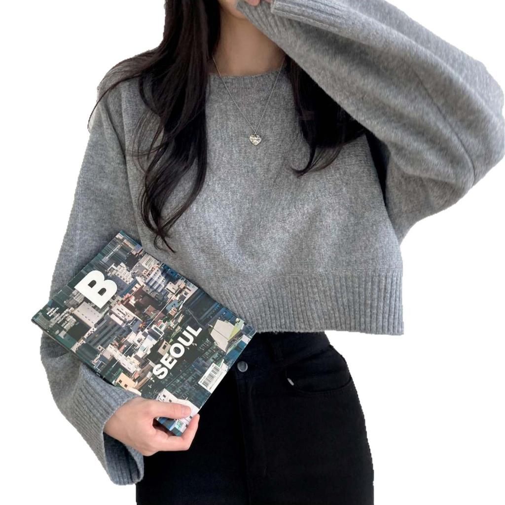 Chic Autumn and Winter Lazy Sweater Solid Color Loose Small Short Long-sleeved Round Neck Pullover Knitted Sweater Women