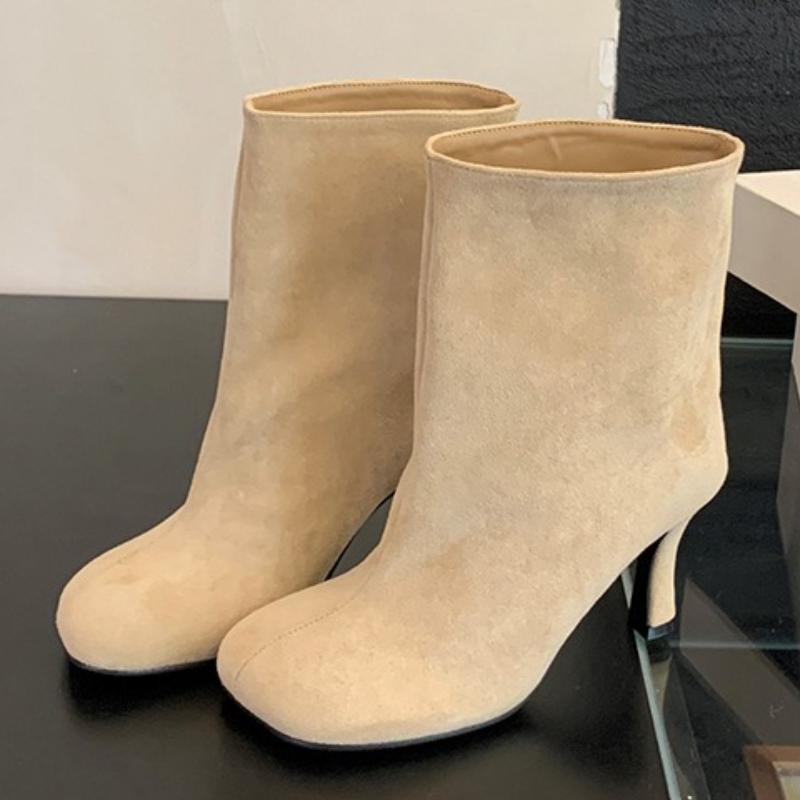 Fashion 2025 Autumn New Street Style Round Head High Heel Short Boots for Commuting Versatile Solid Color Sleeve Women's Botas Mujer
