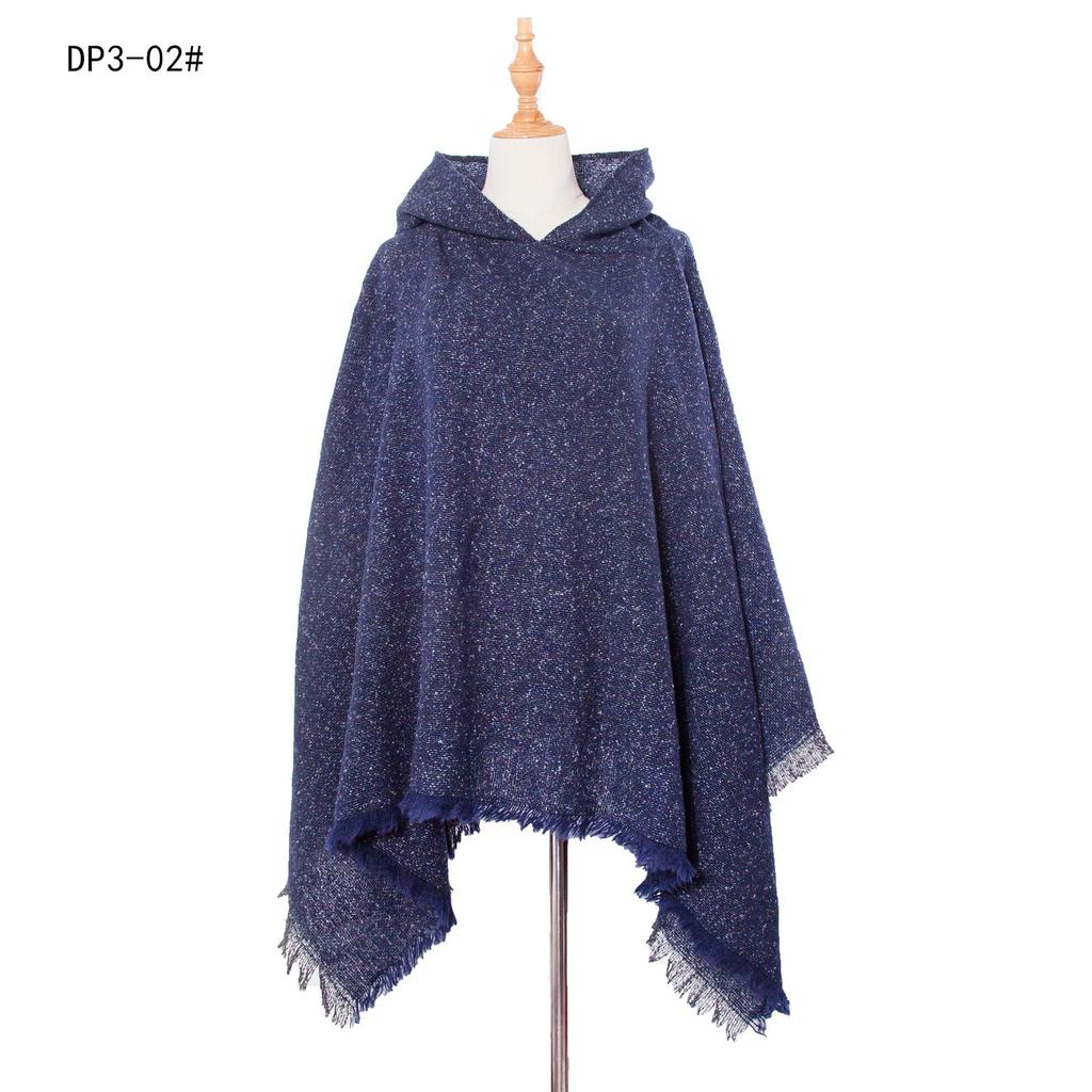 European & American Women’s Black Hooded Pullover Cape with Floral Shawl Clip, Suitable for Spring, Autumn, and Winter