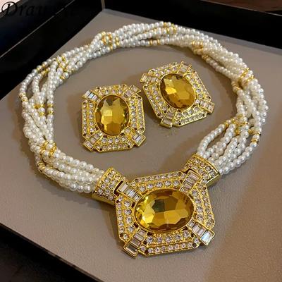 Draweye French Style Pearls Necklace for Women Geometric Vintage Rhinestones Collares Para Mujer Elegant