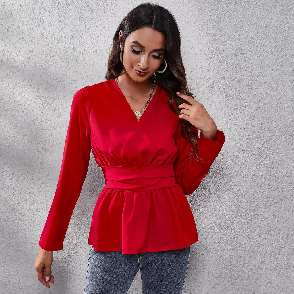 BITCED V Collar Waist Slim-fit Puffy Sleeve Top for Women Chiffon for Women