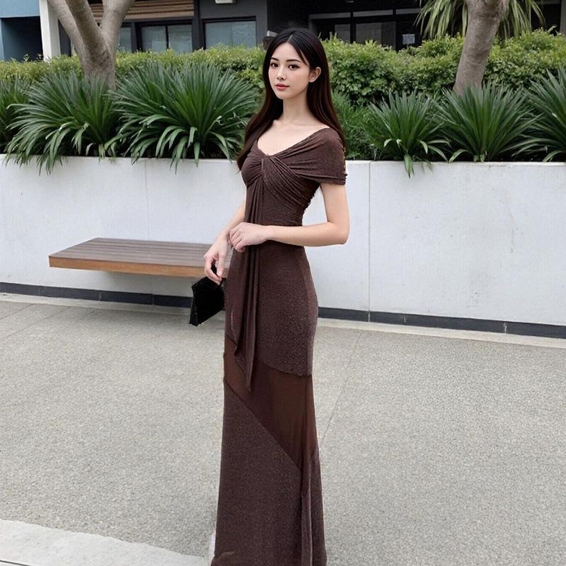Sexy Spice Girl Style Suspender Mesh Dress Femininity Off Shoulder Waist Skinny Hips Long Skirt Night Dress