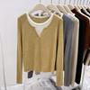 European fake two V-neck sweater women's 2025 spring Korean version contrasting color splicing inner top long-sleeved knitted base