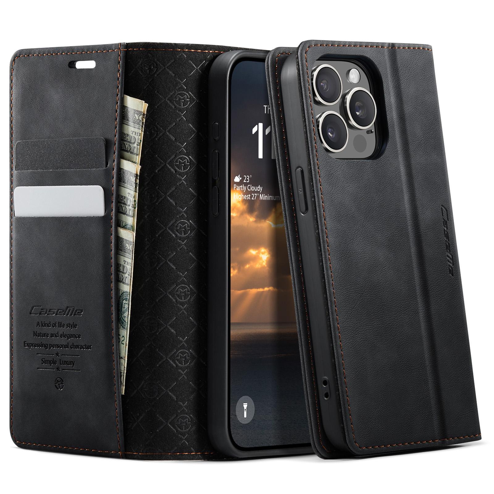 

For iPhone 15 Pro Case CASEME 033 Series RFID Blocking Wallet Stand Calf Texture Leather Phone Cover B